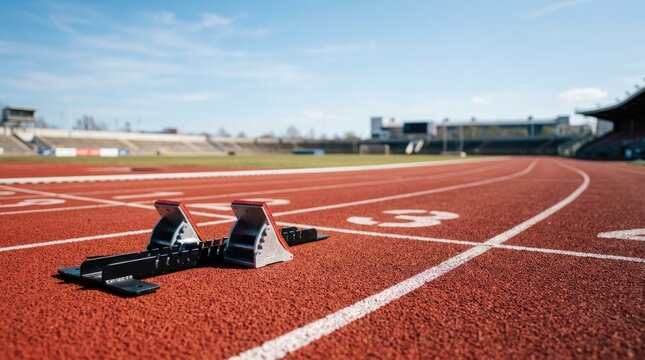 Two starting blocks sit on a red running track against a bright blue sky. A stadium is visible in the background.