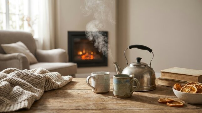A steaming kettle sits on a rustic wooden table, alongside a mug of tea and a bowl of dried orange slices.