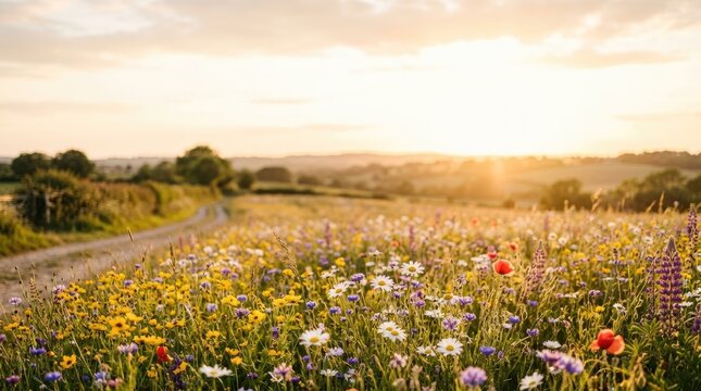 The sun sets over a vibrant wildflower meadow. A dirt road winds through the field, leading towards a distant, rolling landscape.