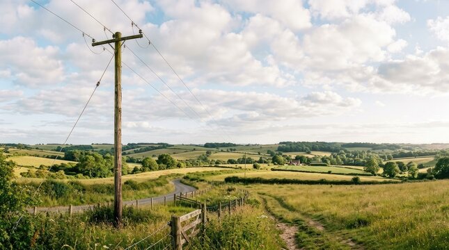 A wooden utility pole stands in a grassy field, with a winding road leading into the distance. Rolling hills and fields stretch out into the background under a cloudy sky.