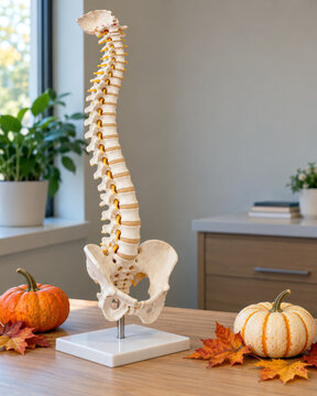 Spine model between pumpkins and autumn leaves on clinic desk - Halloween and fall chiropractor concept with copy space