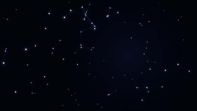 Abstract constellation network glowing in dark space with pulsing light and connections.