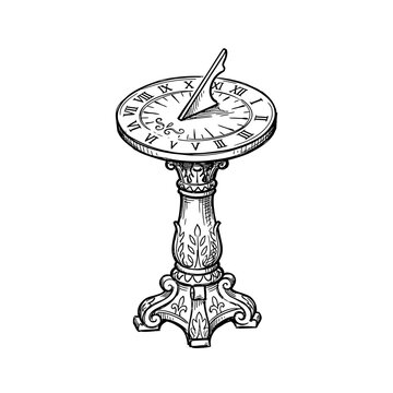 Vintage ornamental sundial sketch with roman numerals on stone pedestal base.