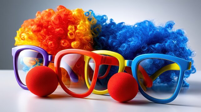 Colorful clown accessories including glasses and red balls are arranged against a smooth background