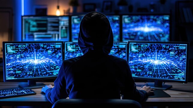 Hacker in a dark room with multiple monitors displaying code