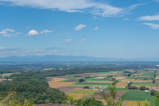 Agricultural Patchwork Fields and Mountains in Tokachi Hokkaido
