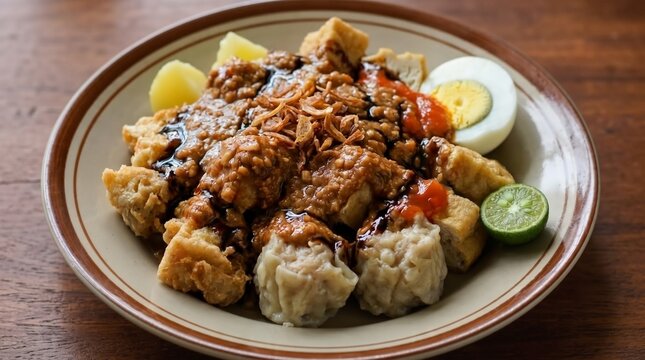 Close-up of Indonesian street food batagor and siomay with peanut sauce, boiled egg, potato, fried tofu, lime, and sambal on a classic ceramic plate over a wooden background.