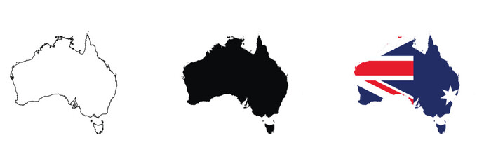 Set of australia map icons including outline, silhouette and flag design © Vector Zone