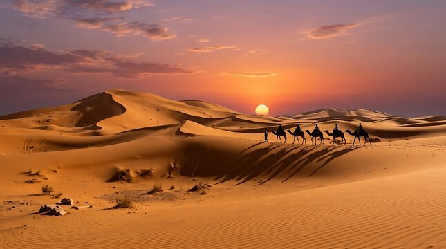 Golden hour desert landscape with camel caravan.