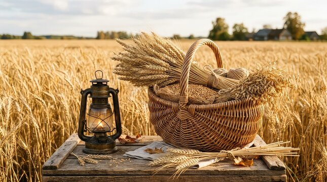 Woven basket filled with wheat sheaves and vintage lantern on a wooden box in a golden field