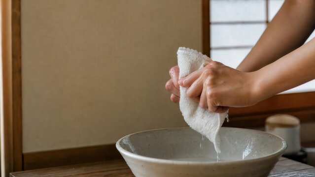 Hands wringing a wet towel over a ceramic bowl