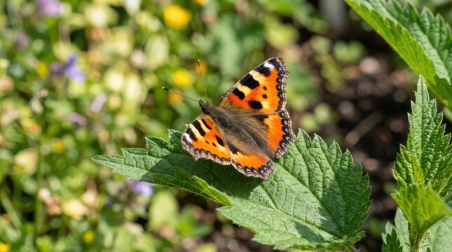 Beautiful orange tortoiseshell butterfly resting on a green leaf in a sunny summer garden