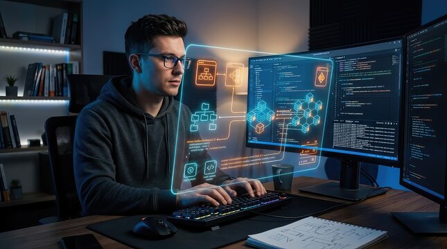 Young software developer writing code on a computer with a futuristic data dashboard screen
