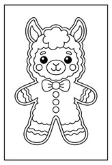 Fototapeta premium Cute llama coloring page outline for kids with bow tie and simple white background