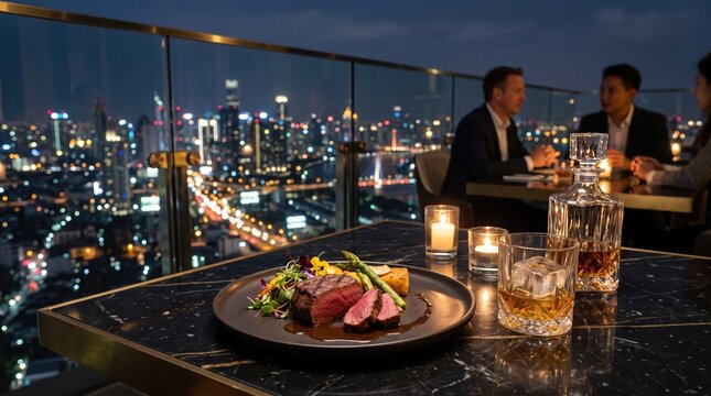 Grilled steak plate rooftop restaurant table, whiskey glass candlelight, city skyline night lights background. Fine dining rooftop restaurant theme