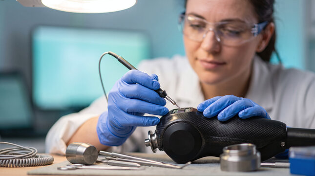 Female engineer calibrating electronic circuit of a prosthetic limb