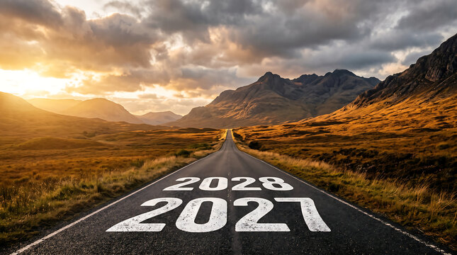 An asphalt road stretching into the distance toward mountains under a dramatic golden hour sky with 2027 and 2028 numbers representing future planning