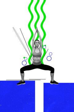 Image vertical art banner collage of serious girl coach do stretching sporty lifestyle gym exercise practicing pilates healthcare