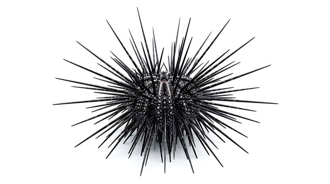 A single black sea urchin with long sharp spines, viewed from above on a clean white background.