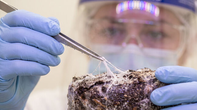 Scientist using tweezers to pull mycelium fibers from a mushroom substrate
