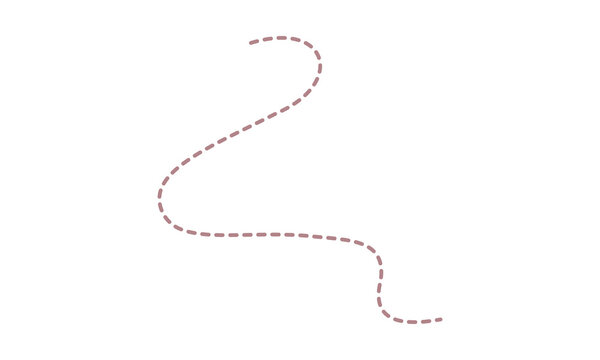 Muted pink dashed line curves and twists, creating an abstract, flowing organic shape on a white background.