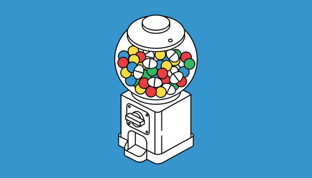 Isometric vector illustration of a vintage gumball machine filled with colorful round pills and capsule medicines on blue.