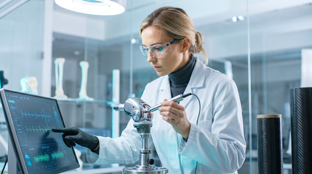 Woman calibrating bionic leg in a modern biomedical research laboratory