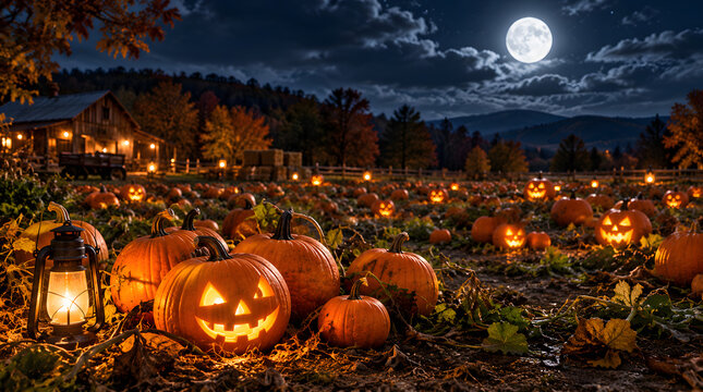 Glowing Jack-o-Lanterns in Moonlit Pumpkin Patch Beside Barn
