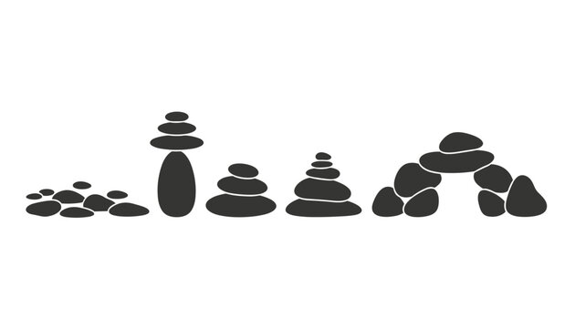 Collection of black silhouettes showing stacked zen stones, pebble piles, and rock balance balancing art.