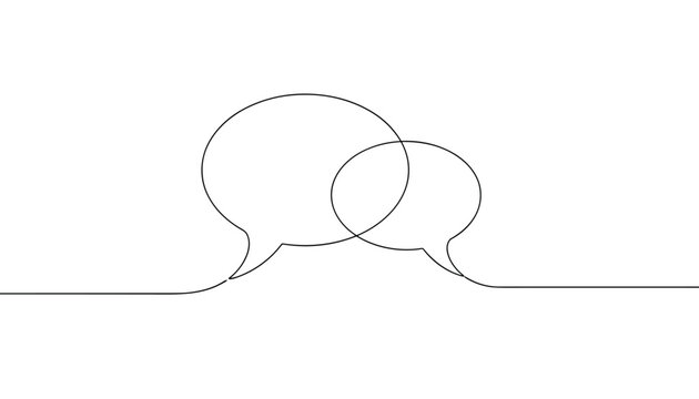 Minimalist continuous line art vector illustration of two overlapping speech bubbles for communication and chat.