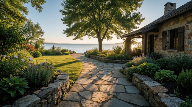 Stone cottage garden path leads to calm lake shore. Beautiful stone house with terrace sits near water. Large green tree, colorful flowers decorate summer landscape. Sunny morning view of peaceful