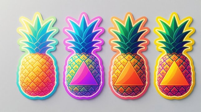 Set of four colorful pineapple stickers with geometric patterns. Vibrant tropical fruit icons feature bright neon colors, modern graphic style. Cute summer fruit decals for craft decor, scrapbooking,