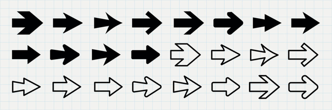 Vector image of various black arrow designs in solid and outline styles on a grid background.