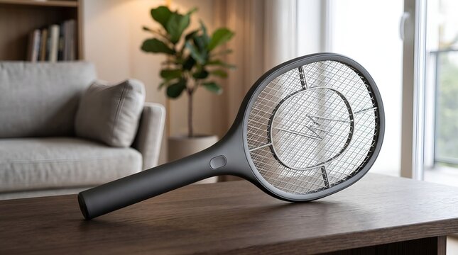 Modern electric mosquito killer racket bat on a wooden coffee table in a living room