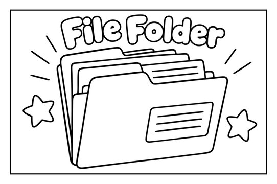 File folder coloring page outline with cute text typography and stars for kids learning