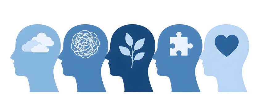 Five blue human head silhouettes representing different states of mind including creativity logic nature growth and love for mental health