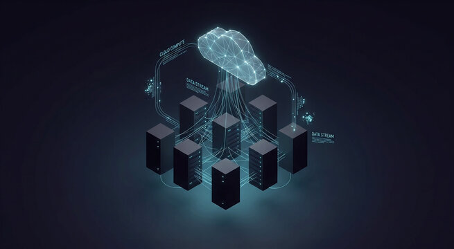 3D rendered cloud computing concept, floating servers and data streams, minimal illustration.