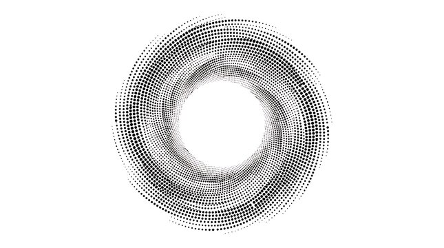 Black and white halftone spiral pattern, circular vortex with varying dot sizes on a white background