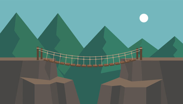 Pixel art vector landscape illustration of a rope suspension bridge crossing a deep canyon between mountains under the moon.