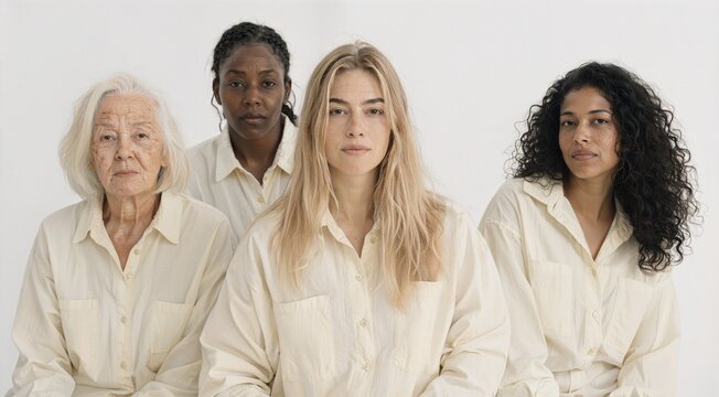 Diverse women of different ages and ethnicities wearing white shirts.