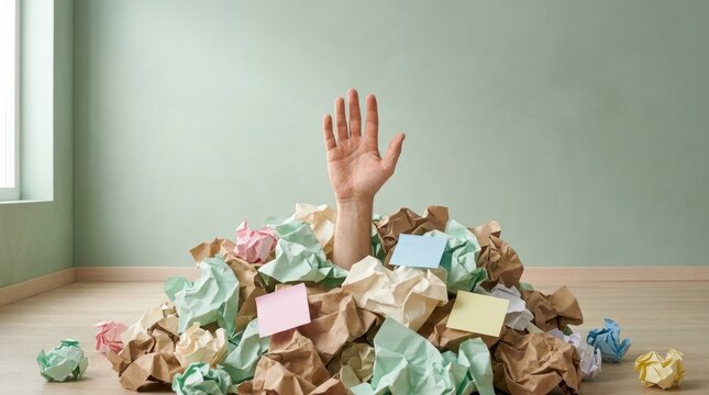 Desperate human hand reaching upward from massive pile of crumpled colourful paper documents under bright interior lighting