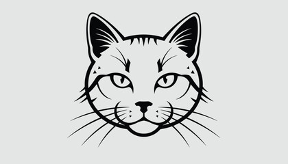 Fototapeta premium Detailed black and white illustration of a domestic cat face with whiskers, pointed ears, and sharp eyes against a light gray background.