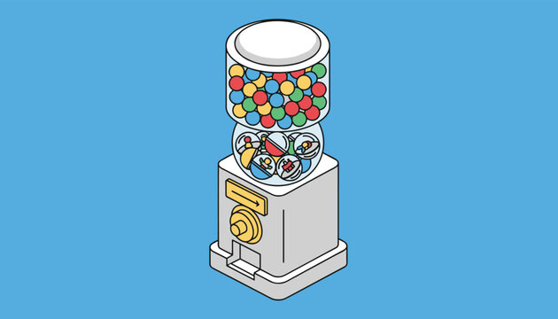 Isometric gumball machine illustration featuring a glass globe filled with colorful chewing gum balls and capsules on a blue background.