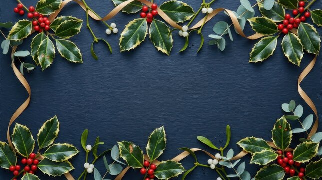 Festive Christmas holly branches, bright red berries, golden ribbon, and white mistletoe arranged in a decorative frame