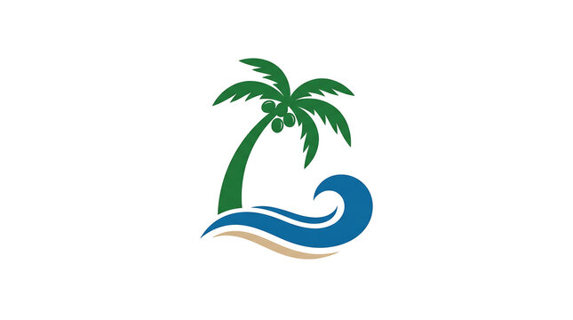Stylized tropical palm tree with coconuts and a breaking ocean wave on a sandy shore, representing a beach vacation destination.
