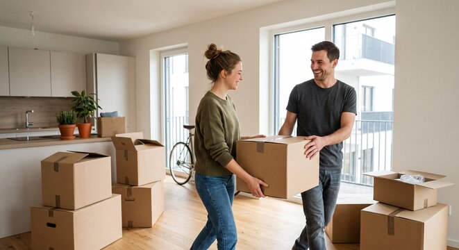 Happy Young Couple Carrying Cardboard Boxes Moving Into New Modern Apartment. Real Estate and Relocation Lifestyle Concept.
