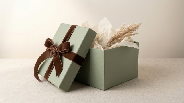 Pastel green gift box with rich brown velvet ribbon tied into elegant bow filled with tissue paper