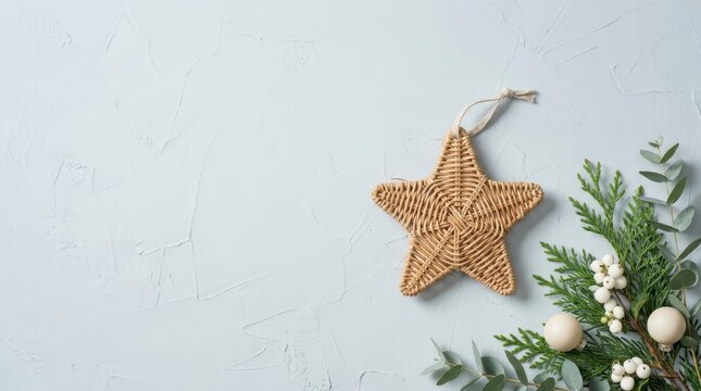 Woven straw star ornament resting gently beside fresh evergreen branches and white berries on textured surface