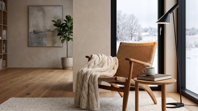 Cozy winter reading nook with chair, side table, and snowy view