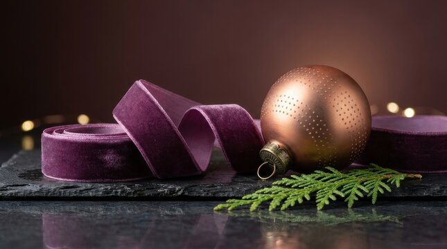 Metallic bronze Christmas ornament sphere rests alongside luxurious purple velvet ribbon and fresh evergreen branch closeup